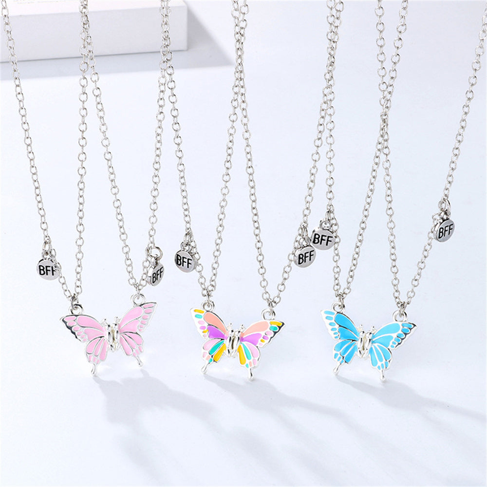 Butterfly BFF Friendship Necklace - all 3 colors pink, rainbow, blue - front view