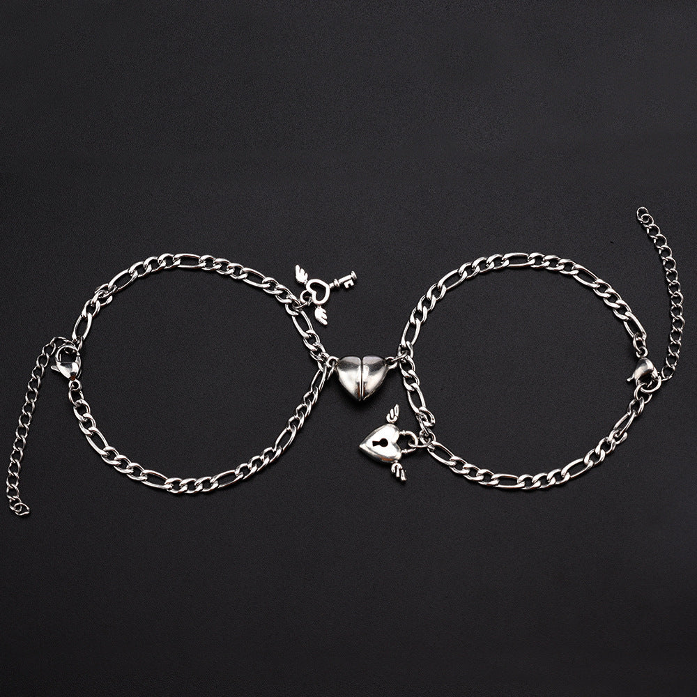 Steel Bond Heart Couple Bracelet – Magnetic steel bracelets with a bonded heart design, symbolizing love and connection in a sleek, durable style for couples. - Silver - Key to My Heart design