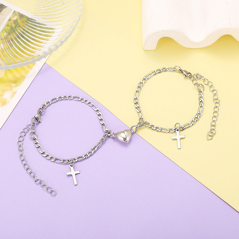 Steel Bond Heart Couple Bracelet – Magnetic steel bracelets with a bonded heart design, symbolizing love and connection in a sleek, durable style for couples. - Silver - Faithful Bonds design