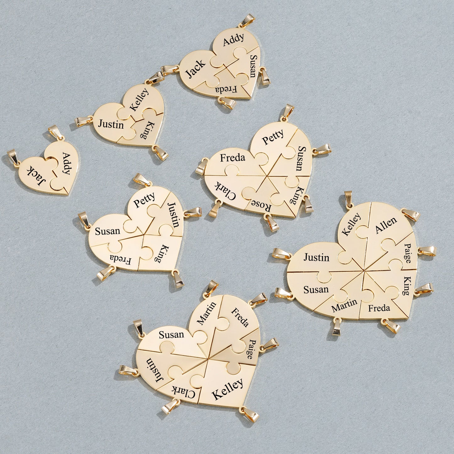 Gold 2 to 8-piece sets from the 2 to 8 Friend Group Custom Engraved Name Necklaces, featuring personalized name engravings for each friend in the group. A meaningful friendship keepsake with customized options from two to eight pendants.