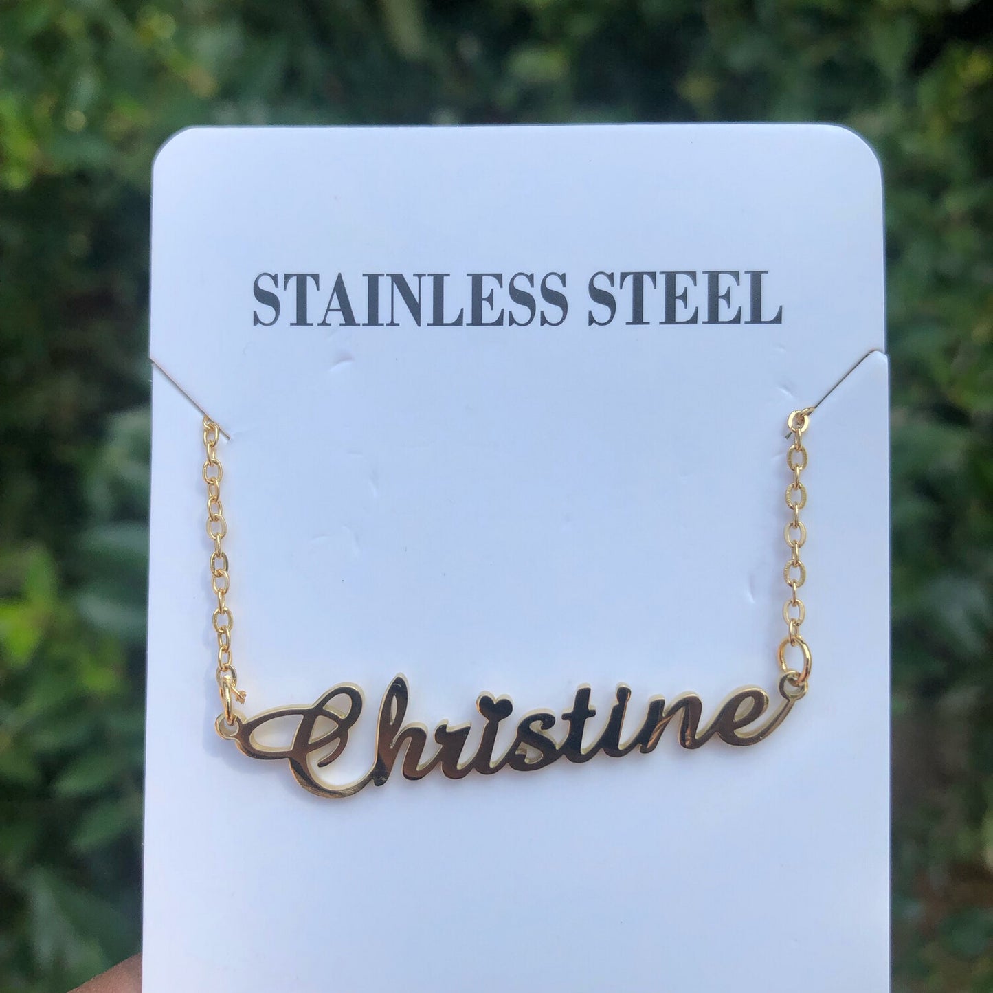 Gold custom name necklace with a polished stainless steel finish, adding elegance and personalization.