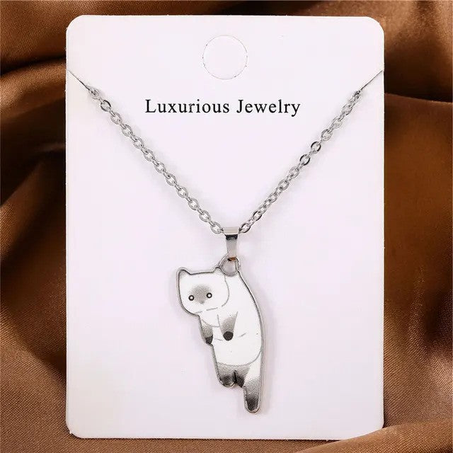Cat Solo Necklace featuring adorable cat-shaped pendant attached to delicate silver chain - white