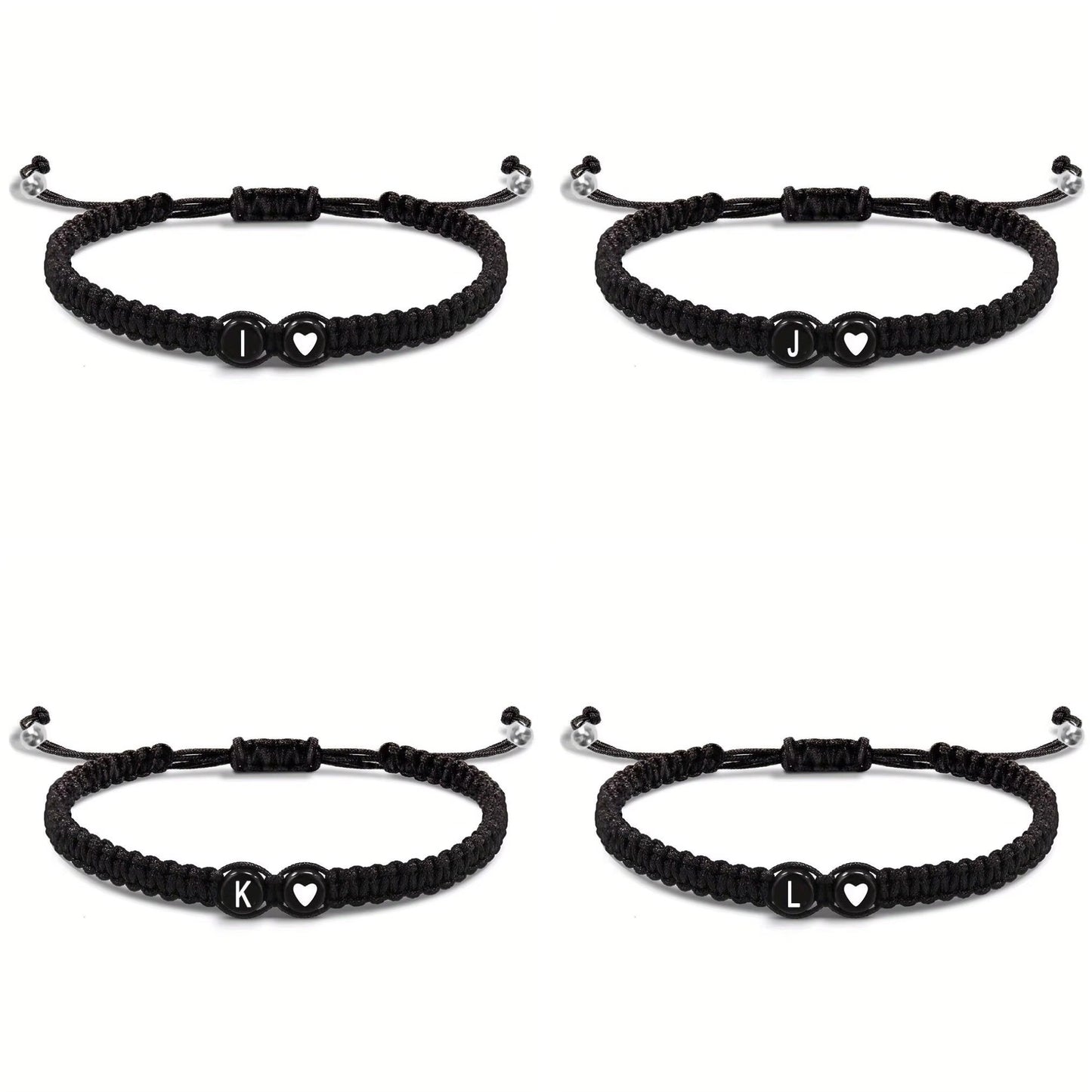 Initial Heart Couple String Bracelet: Black adjustable string bracelet featuring personalized initial and heart beads, perfect for couples or best friends. - 4 bracelets from I to L