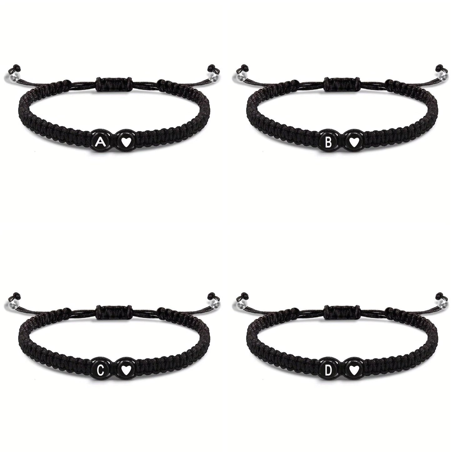 Initial Heart Couple String Bracelet: Black adjustable string bracelet featuring personalized initial and heart beads, perfect for couples or best friends. - 4 bracelets from A to D
