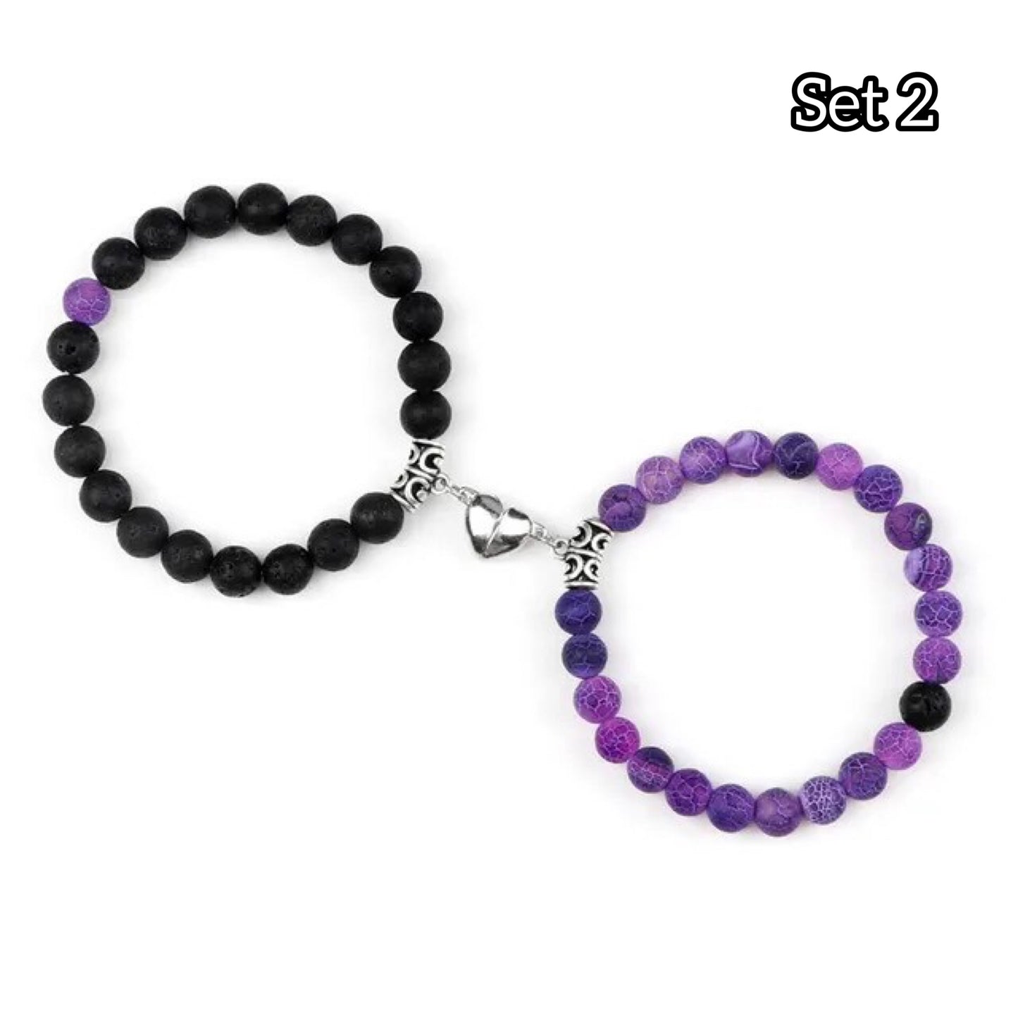 Natural Beads BFF Heart Bracelet – Magnetic bead bracelets with a bonded heart design, featuring elegant black and purple beads to symbolize connection and unity - black & purple set