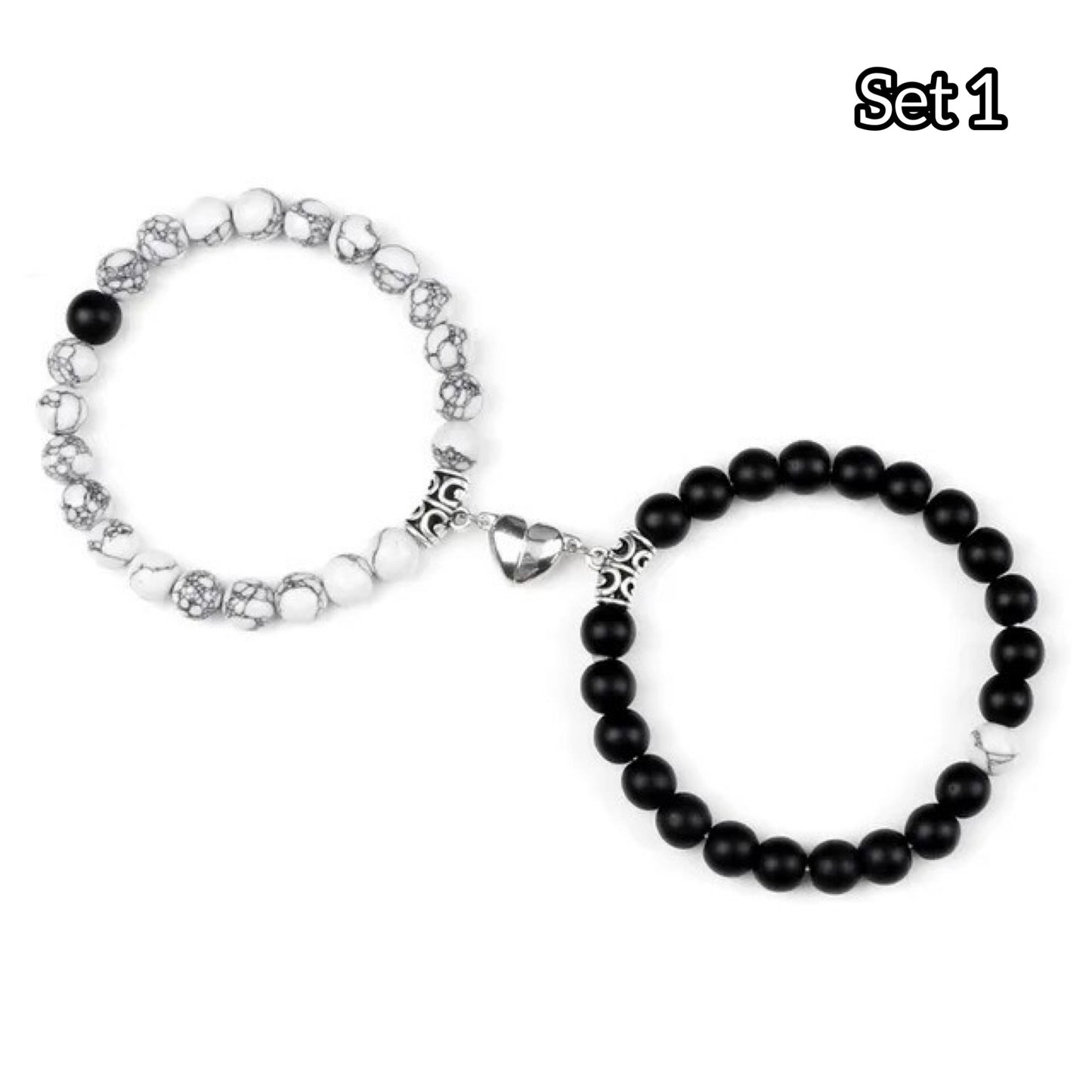 Natural Beads BFF Heart Bracelet – Magnetic bead bracelets with a bonded heart design, featuring elegant black and white beads to symbolize connection and unity - marble & black set
