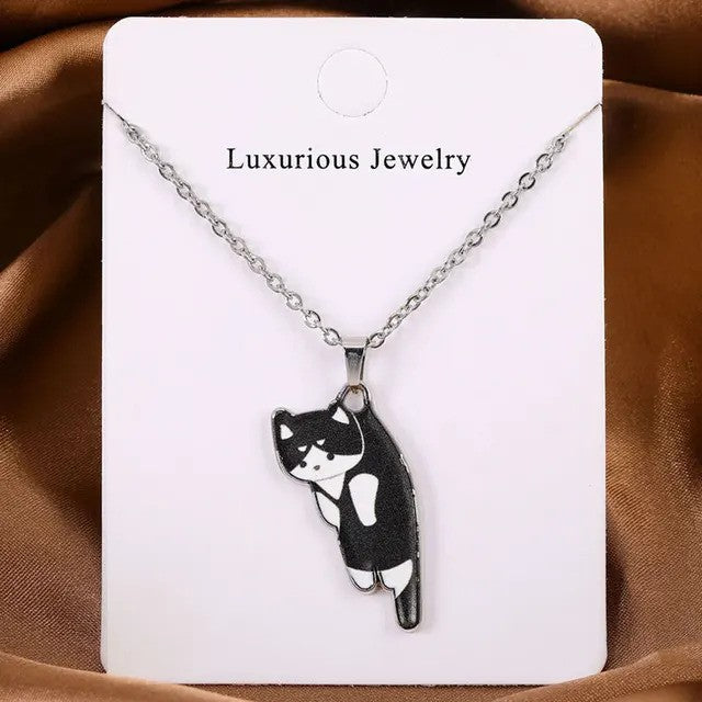 Cat Solo Necklace featuring adorable cat-shaped pendant attached to delicate silver chain - black