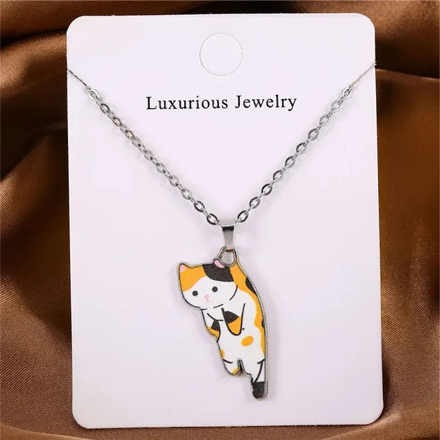 Cat Solo Necklace featuring adorable cat-shaped pendant attached to delicate silver chain - orange