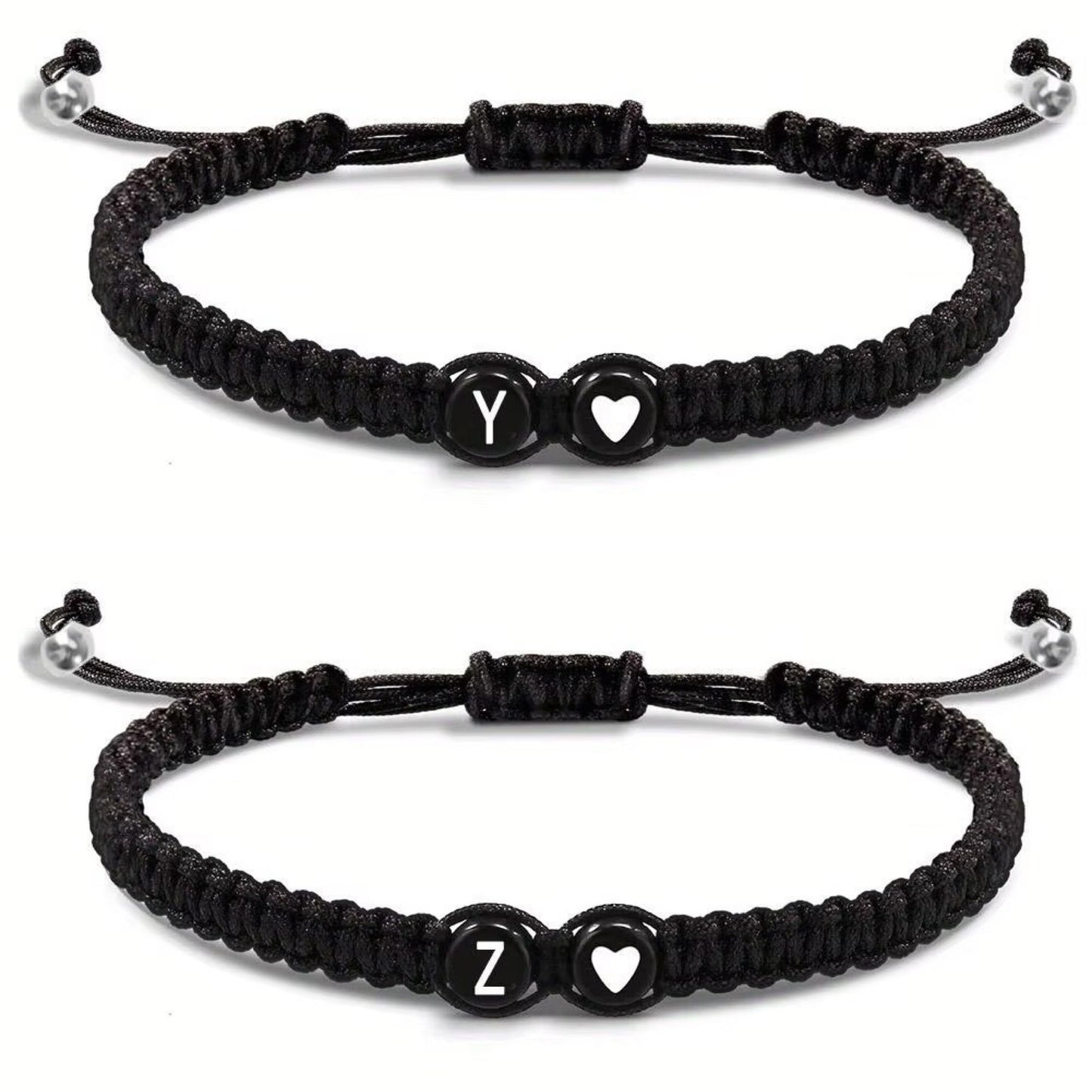 Initial Heart Couple String Bracelet: Black adjustable string bracelet featuring personalized initial and heart beads, perfect for couples or best friends. - 2 bracelets Y and Z