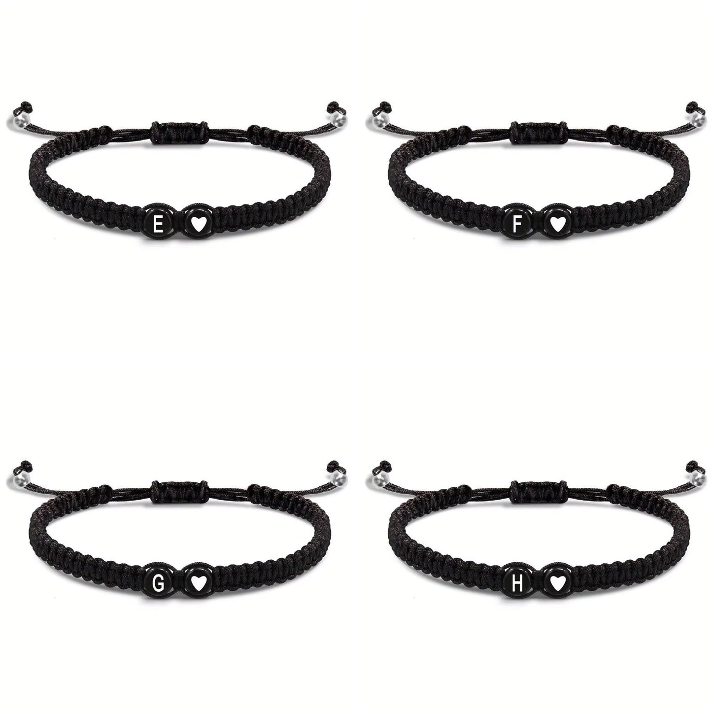 Initial Heart Couple String Bracelet: Black adjustable string bracelet featuring personalized initial and heart beads, perfect for couples or best friends. - 4 bracelets from E to H