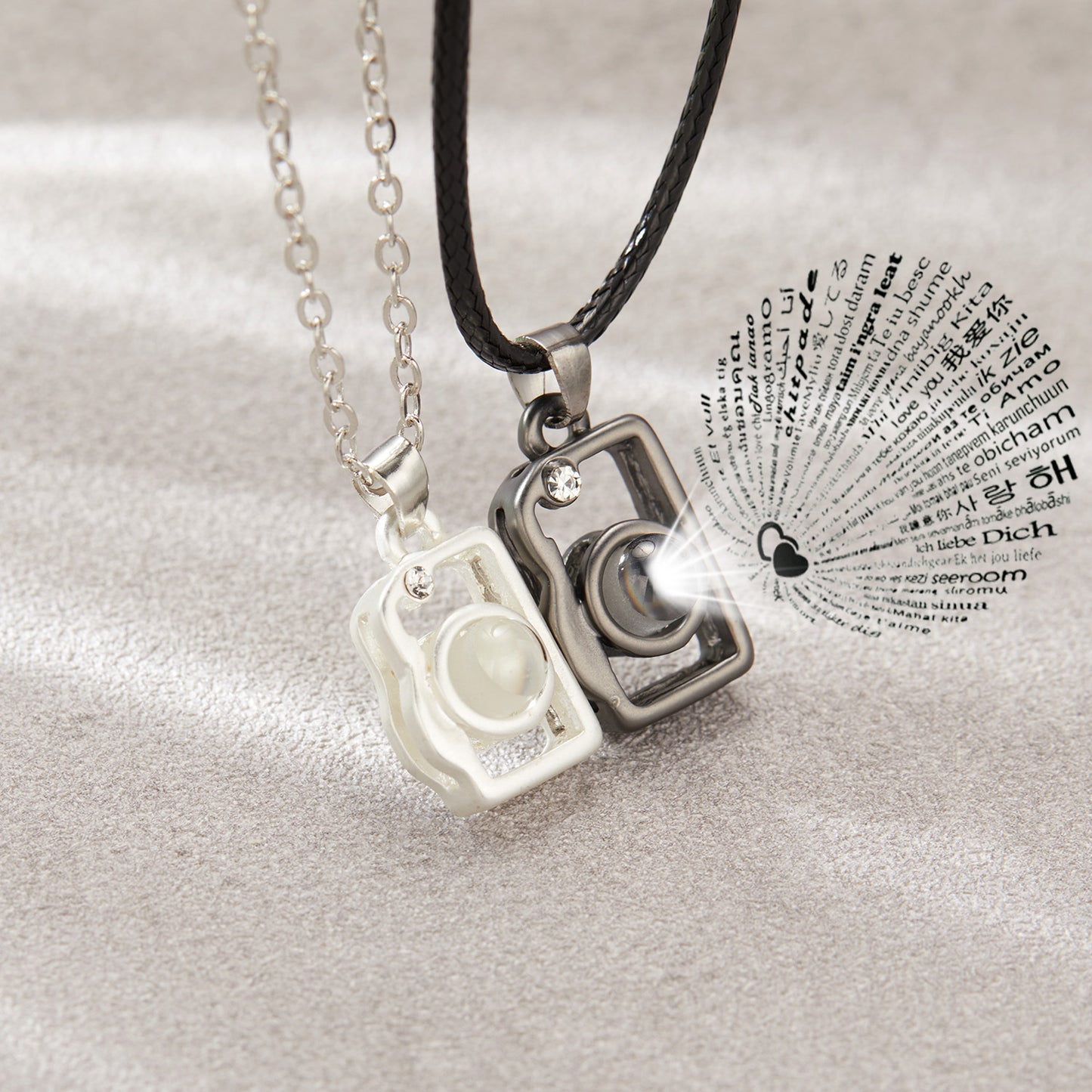 I Love You in 100 Languages BFF Camera Necklace - Silver variant - Showing languages inside