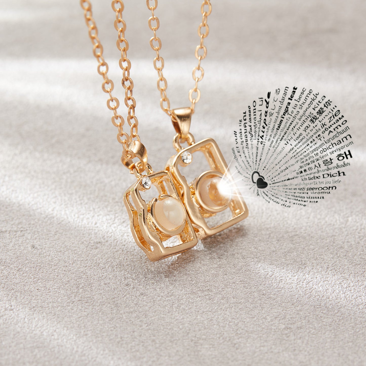 I Love You in 100 Languages BFF Camera Necklace - Gold variant - Showing languages inside