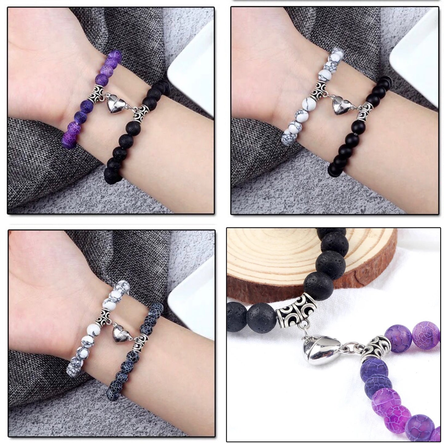 Natural Beads BFF Heart Bracelet – Magnetic bead bracelets with a bonded heart design, featuring elegant beads to symbolize connection and unity. Featuring all 3 sets
