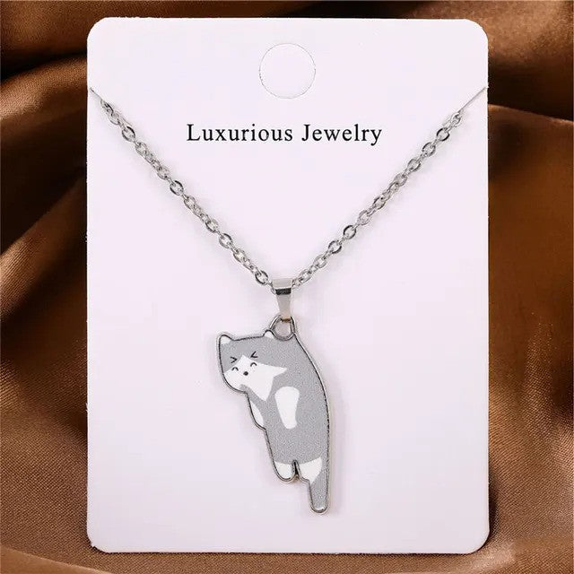 Cat Solo Necklace featuring adorable cat-shaped pendant attached to delicate silver chain - gray