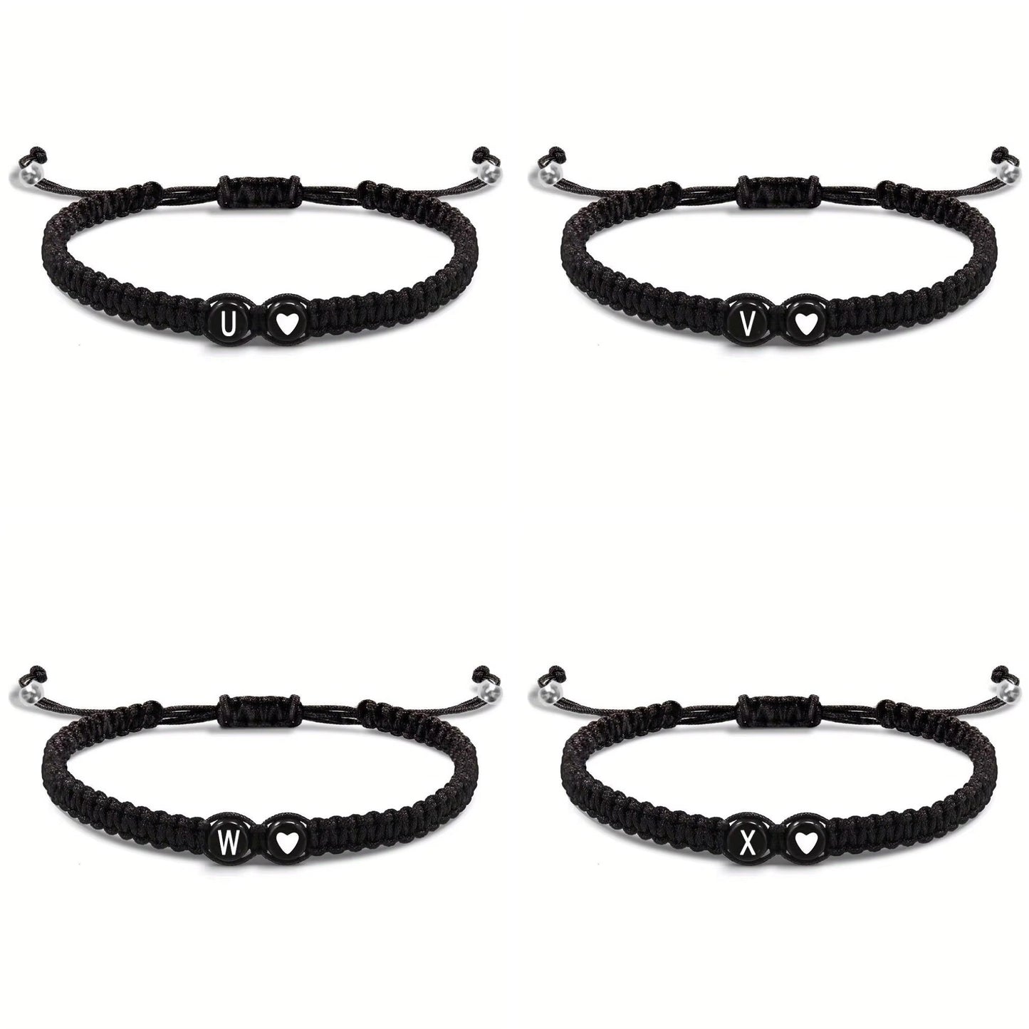 Initial Heart Couple String Bracelet: Black adjustable string bracelet featuring personalized initial and heart beads, perfect for couples or best friends. - 4 bracelets from U to X