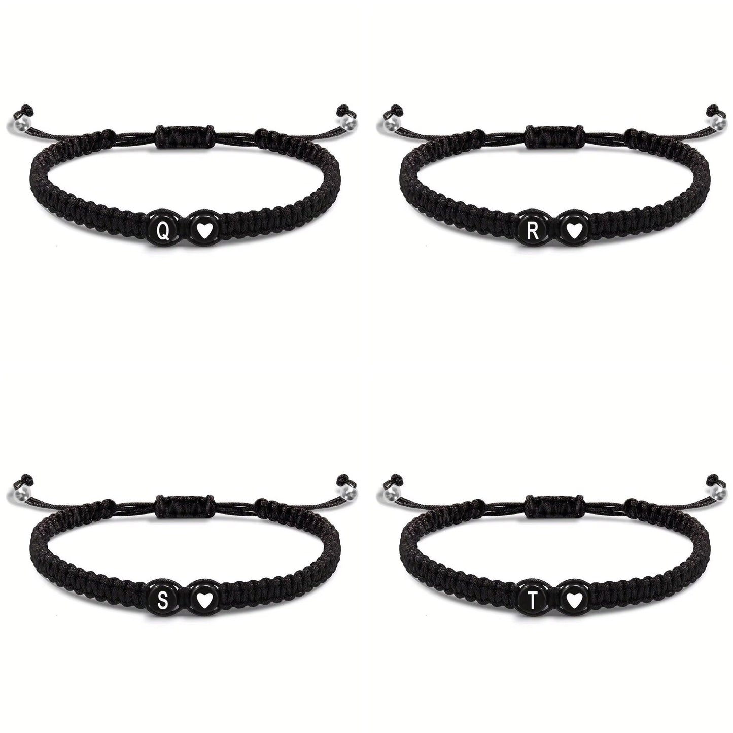 Initial Heart Couple String Bracelet: Black adjustable string bracelet featuring personalized initial and heart beads, perfect for couples or best friends. - 4 bracelets from Q to T