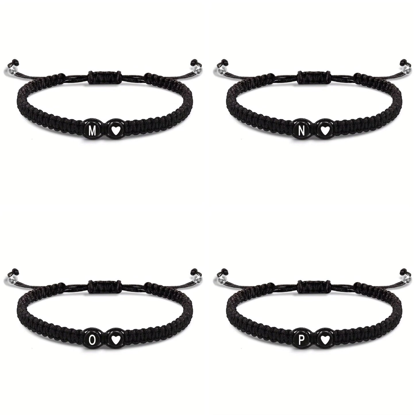 Initial Heart Couple String Bracelet: Black adjustable string bracelet featuring personalized initial and heart beads, perfect for couples or best friends. - 4 bracelets from M to P