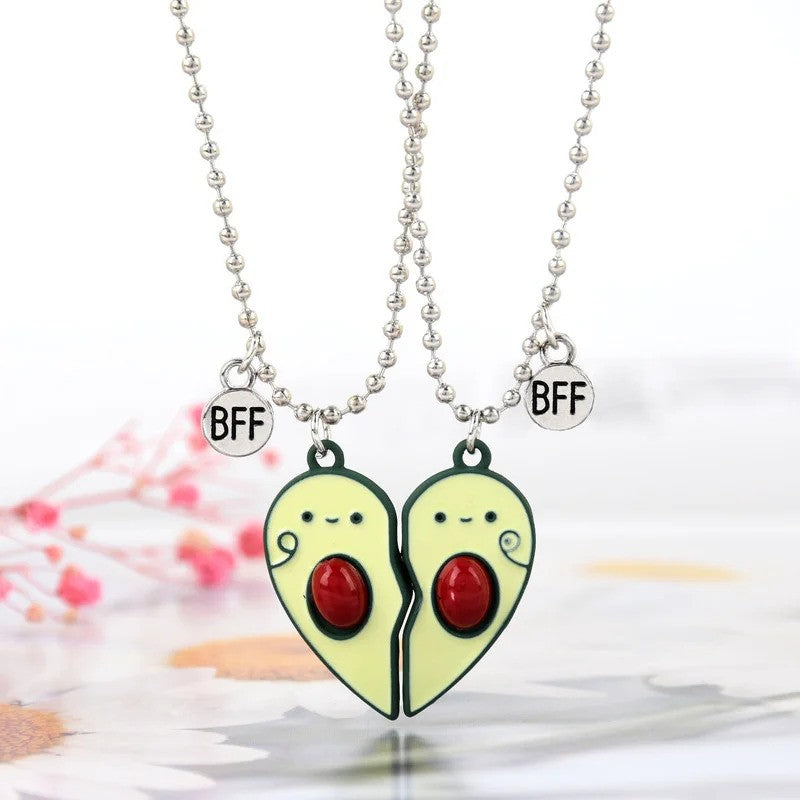 Avocado BFF Friendship Necklace with heart shaped matching pendants - front view