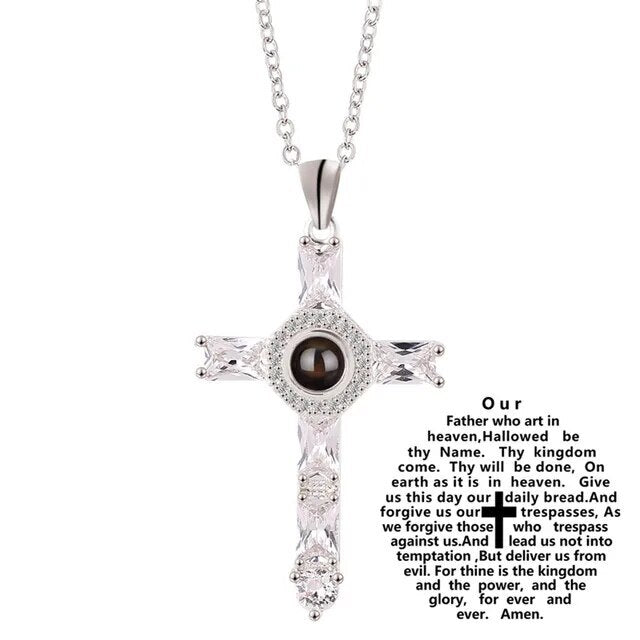 Cross With Lords Prayer Couple Necklace Silver Color - Front View