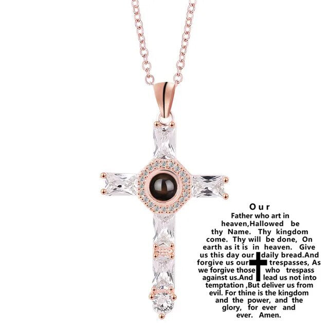 Cross With Lords Prayer Couple Necklace Rose Gold Color - Front View