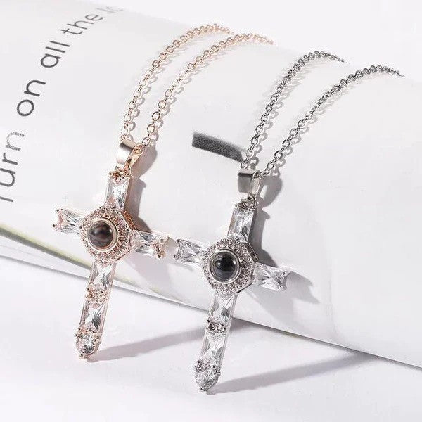 Cross With Lords Prayer Couple Necklace - on the table view