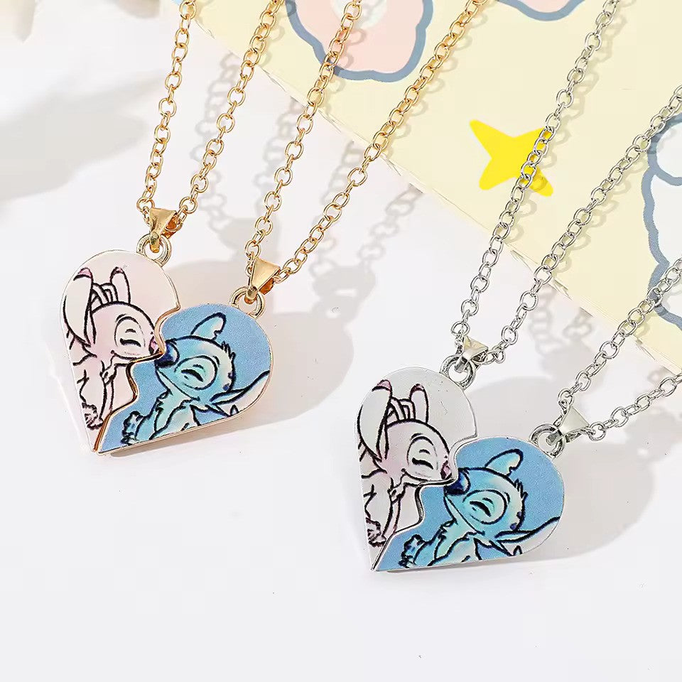 Stitch and Angel Heart Couple Necklace