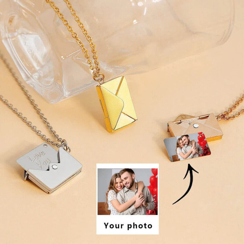 Gold, silver, and rose gold Custom Engraved Love Letter Necklaces, with an open pendant revealing a hidden engraved message and a custom photo insert.